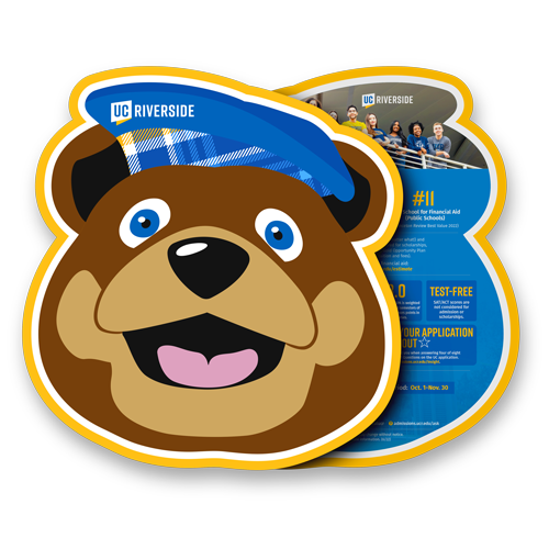 Scotty's Fun Facts Brochure A brochure in the shape of UCR's mascot Scotty the Bear. The front shows an illustration of Scotty and the reverse side is partially shown and is filled with UCR facts, deadlines and statistics.