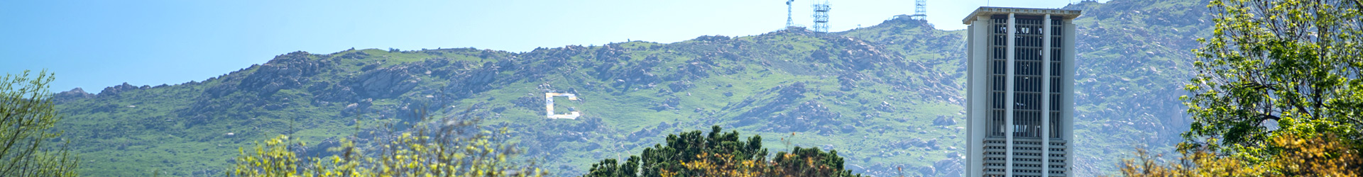 A wide landscape view of the University of California, Riverside campus, featuring the iconic concrete Bell Tower in the foreground. In the background, a large white "C" is visible on the green, rocky slopes of the Box Springs Mountains.