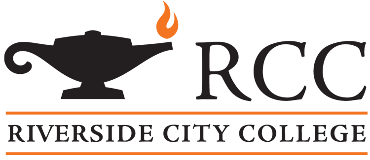Riverside City College - logo A circular logo for Riverside City College featuring a black outer ring with the school's name in white text along the top and the year 1916 at the bottom. The center contains an orange background with radiating sunburst lines, showcasing a black lamp of knowledge resting on a stack of three books.