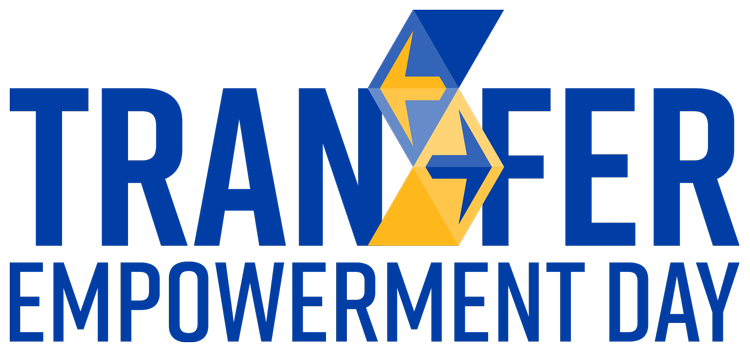 The logo for UC Riverside Transfer Empowerment Day. The words "Transfer Empowerment Day" are in a bold, blue font, with a central blue and gold graphic of two interlocking arrows symbolizing the transfer process.