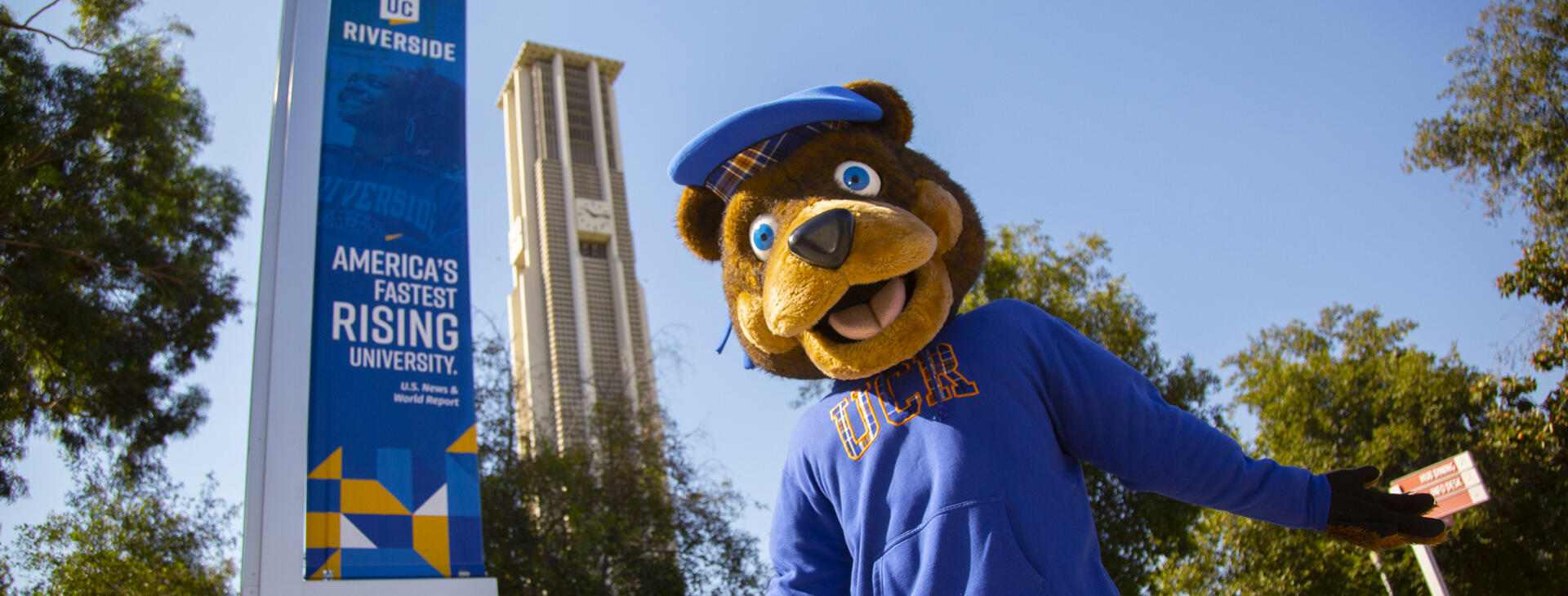 Scotty the Bear, UCR's mascot, smiles in a blue hoodie and tam, with the UCR Bell Tower visible in the background.