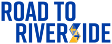 Logo for Road to Riverside featuring bold blue lettering. The letter "S" is stylized as a geometric icon composed of blue and yellow interlocking polygons, containing two opposing arrows pointing left and right.