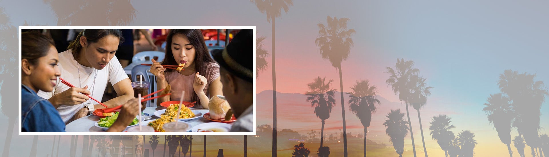 Collage of Riverside, palm trees, and students dining out.